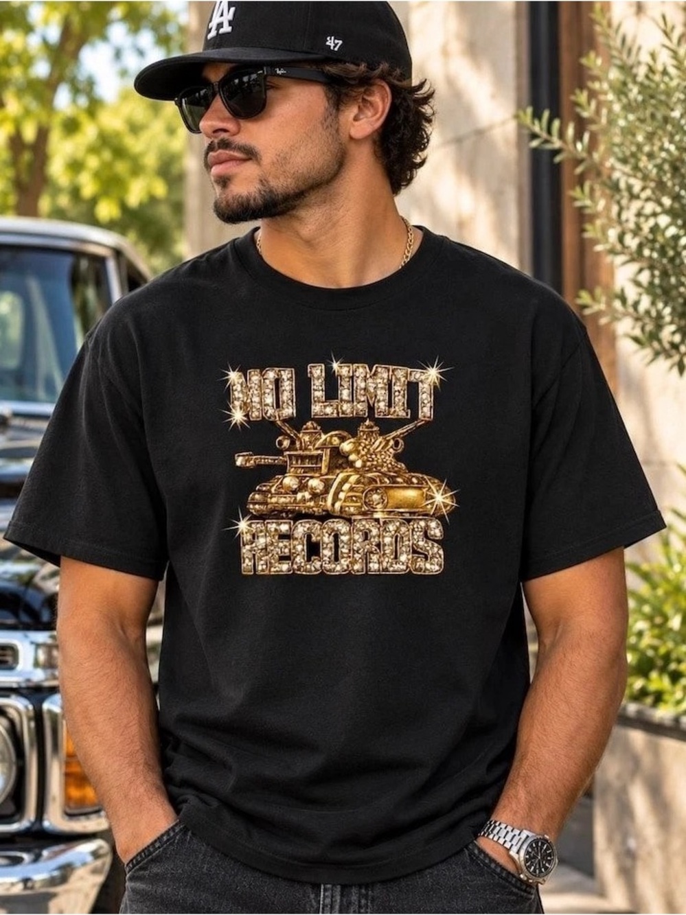 Gildan Black T‑Shirt with Gold No Limit Records Graphic